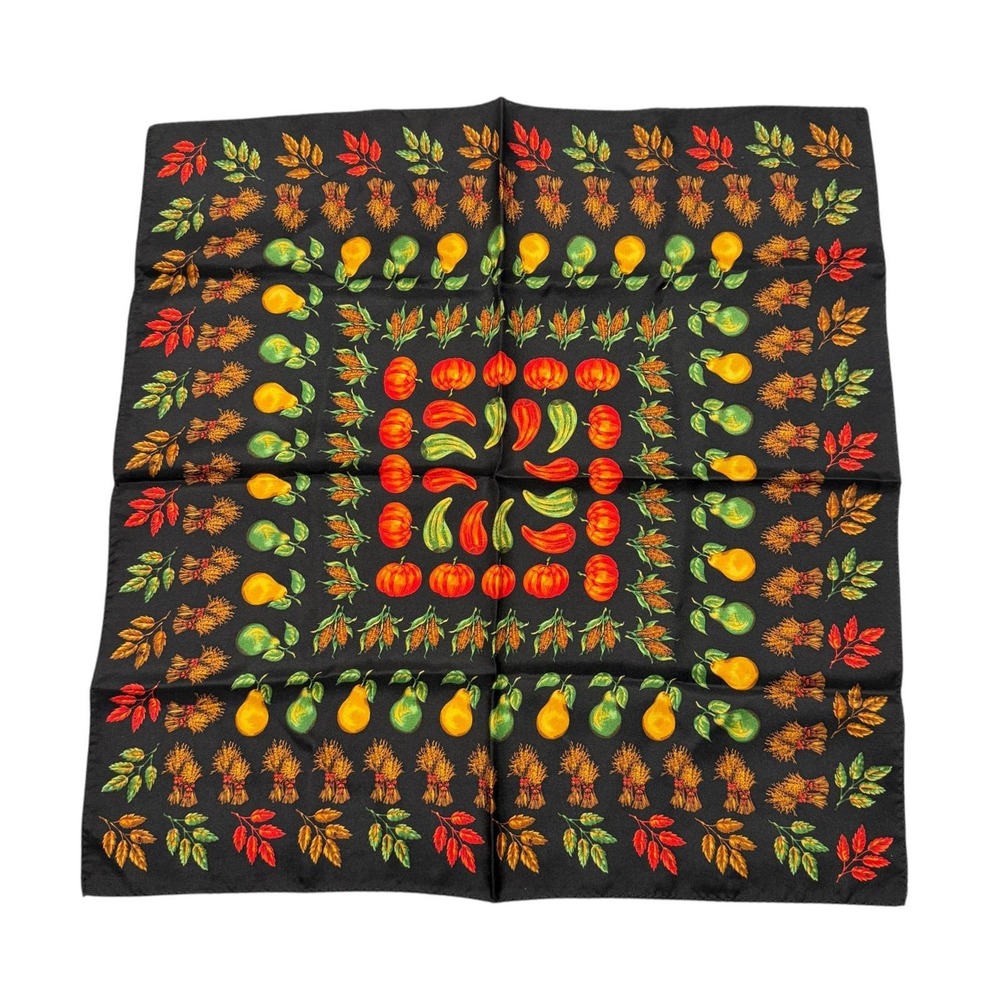 Silk Scarf Colorful Harvest Fruit Vegetable Print on Black 20 x21 Liz Claiborne?